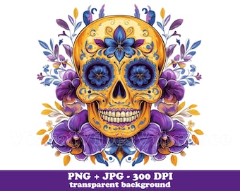 Calavera floral PNG, diseño de sublimación floral gótico con flores, descarga digital estética bohemia morada de Halloween