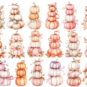 May include: Watercolour illustrations of stacked pumpkins in shades of orange, pink, and white. Each stack is decorated with ribbons and autumn leaves, creating a festive autumnal theme. The pumpkins vary in size and shape.