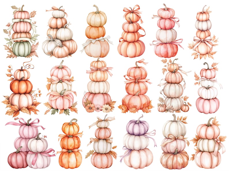May include: Watercolour illustrations of stacked pumpkins in shades of orange, pink, and white. Each stack is decorated with ribbons and autumn leaves, creating a festive autumnal theme. The pumpkins vary in size and shape.