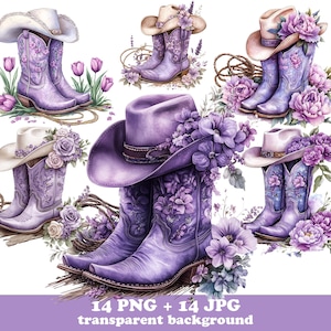 May include: Watercolor illustration of several pairs of purple cowboy boots and hats, adorned with floral arrangements. The boots and hats are decorated with flowers and sit on a white background. The image includes the text "14 PNG + 14 JPG transparent background."
