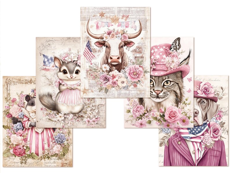 Pink Patriotic Animal Paper Pack, Cute USA Woodland Creatures, Floral ...