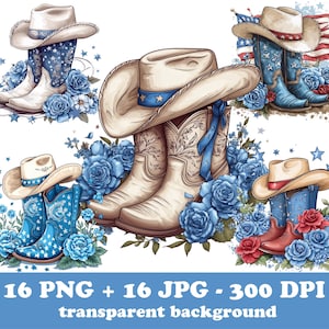 16 botas y sombrero de vaquero PNG, clipart del oeste, clipart de herraduras y flores de EE. UU., dibujos animados de estilo campestre, imagen de bota de vaquero y lazo floral