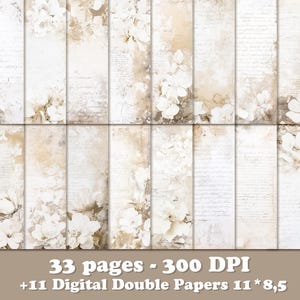 Puede incluir: Conjunto de papeles digitales con un diseño vintage, que presenta paneles verticales con elementos florales y de escritura. La paleta de colores es suave, con tonos blancos, beige y marrón. El texto en la parte inferior dice "33 páginas - 300 DPI +11 Digital Double Papers 11*8,5".