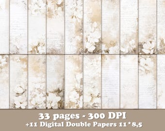33 White Floral Wedding Digital Papers, Flowers Junk Journal Backgrounds, Scrapbook & Craft Set, vintage floral pages, old paper, ephemera