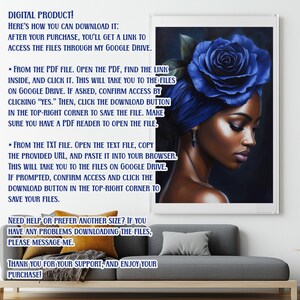 May include: A digital product listing with instructions on how to download files from Google Drive. The image shows a woman with a blue rose on her head, and a couch in the background.