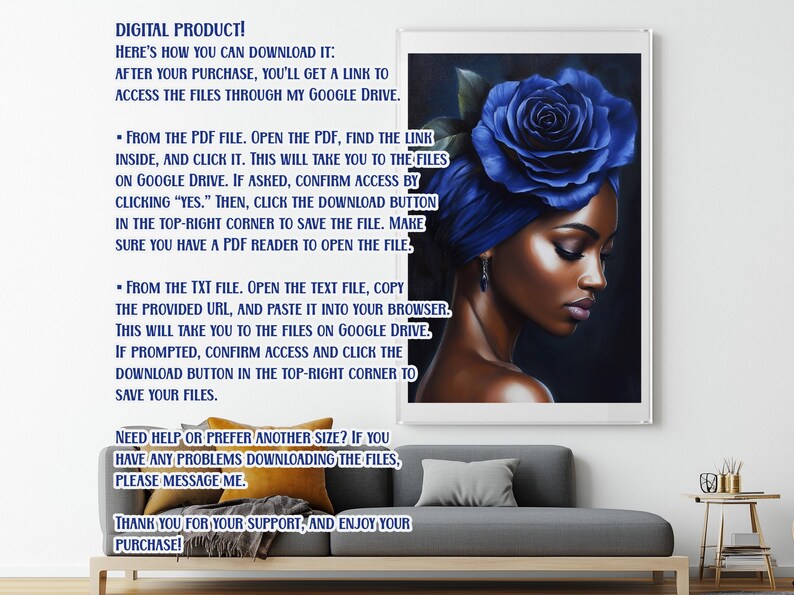May include: A digital product listing with instructions on how to download files from Google Drive. The image shows a woman with a blue rose on her head, and a couch in the background.