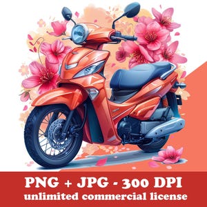 Moto PNG moto clipart, acquerello bici PNG, trasporto viaggio PNG, viaggio in moto floreale, disegni di sublimazione di magliette, clipart per bambini