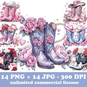 14 Cowboy Boots and Hat PNG, Western Clipart, Horseshoe and flowers clipart, Country Style cartoon, Pink Floral Cowboy Boot and Lasso Image