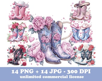 14 Cowboy Boots and Hat PNG, Western Clipart, Horseshoe and flowers clipart, Country Style cartoon, Pink Floral Cowboy Boot and Lasso Image