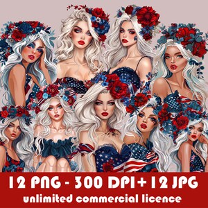 4th of july American woman clipart - Independence day girl png, Patriotic USA women fashion clip art, Printable watercolor illustration, jpg