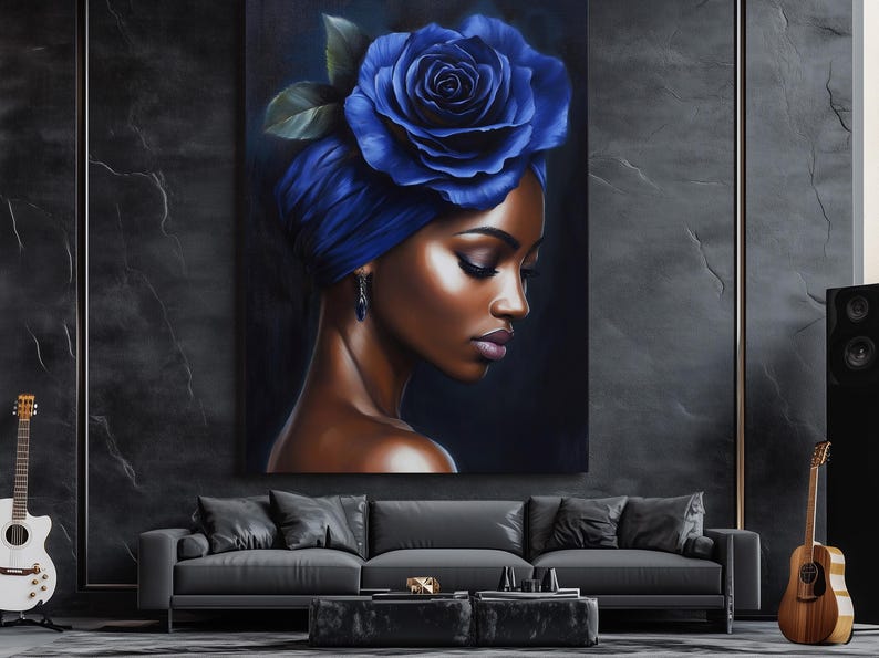 May include: A painting of a woman with dark skin wearing a blue turban with a large blue rose on top. The woman is looking down and her expression is soft. The background is dark blue.