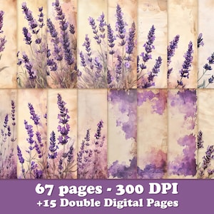 May include: Digital paper set featuring watercolor illustrations of lavender sprigs in shades of purple and green on a beige background. The image includes the text "67 pages - 300 DPI +15 Double Digital Pages".