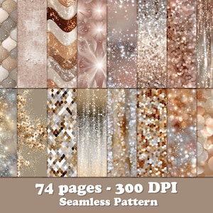 May include: A collection of 16 digital seamless patterns in shades of beige, brown, and gold. The patterns include textures like mosaic, glitter, and floral designs. The text at the bottom reads "74 pages - 300 DPI Seamless Pattern".