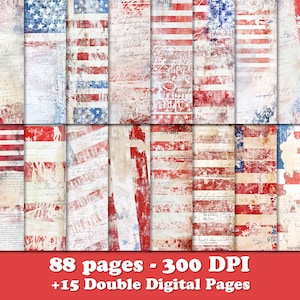 88 diarios basura con la bandera de EE. UU., papel digital del 4 de julio, páginas imprimibles con imágenes prediseñadas patrióticas, textura vintage americana, álbum de recortes con bandera grunge