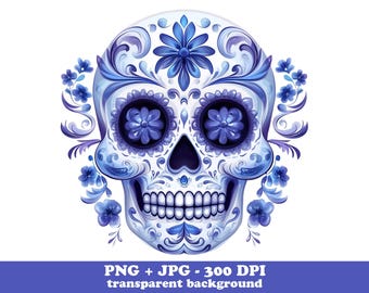 Calavera floral PNG, diseño de sublimación floral gótico de calavera con flores, descarga digital estética azul pastel bohemia de Halloween
