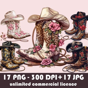 17 Cowboy Boots and Hat PNG, Western Clipart, Horseshoe and flowers clipart, Country Style cartoon, Floral Cowboy Boot and Lasso Image