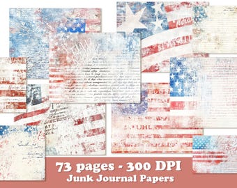 73 4th of July digital paper, USA junk journal pages, patriotic printable clipart, American vintage texture, grunge flag scrapbook card png