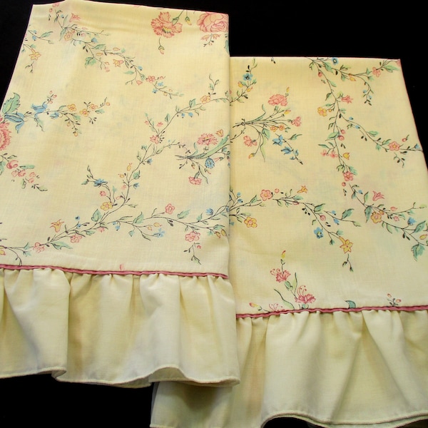 Pair Print PILLOW CASES * Pink Green Blue Floral RUFFLED Edges