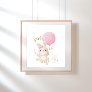 animal art, bunny , printable wall art, nursery printable decor , fun poster, soft colors, digital downloads, cute bunny, pink balloon