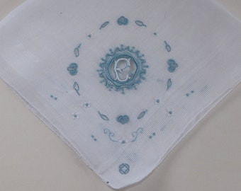 Handkerchief Initial E White with Blue Trim on All 4 Corners Cutwork and Embroidery VFG