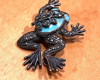 Sterling Silver Frog Brooch Marcasite and Faux Turquoise