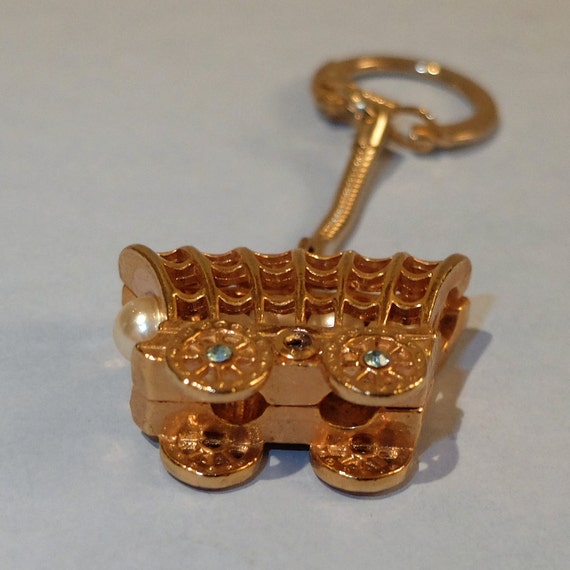Vintage Covered Wagon Keychain Faux Pearls and Rh… - image 2