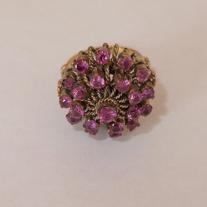 Vintage Ruby or Pink Sapphire and 14 Kt Gold Ladies Ring Domed Princess Style 21 Stones Size 6 1/4 VFG image 3