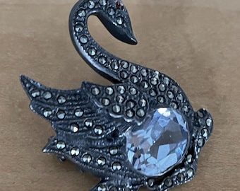 Vintage Swan Brooch Sterling Marcasite and Large Pale Blue Faux Stone