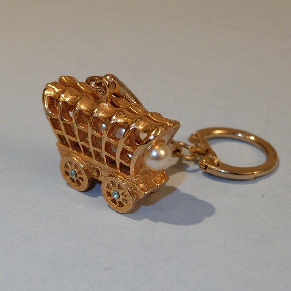 Vintage Covered Wagon Keychain Faux Pearls and Rh… - image 1