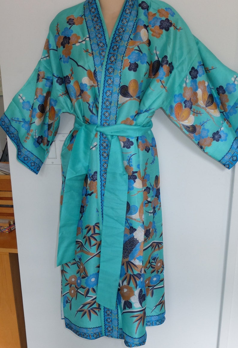 Vintage Turquoise Blue Silk Kimono Hayashi Lined Unused with Sash 1960s