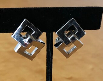 Vintage Sperry Earrings Interlocking Squares Silver Tone Clip On 1950s Signed