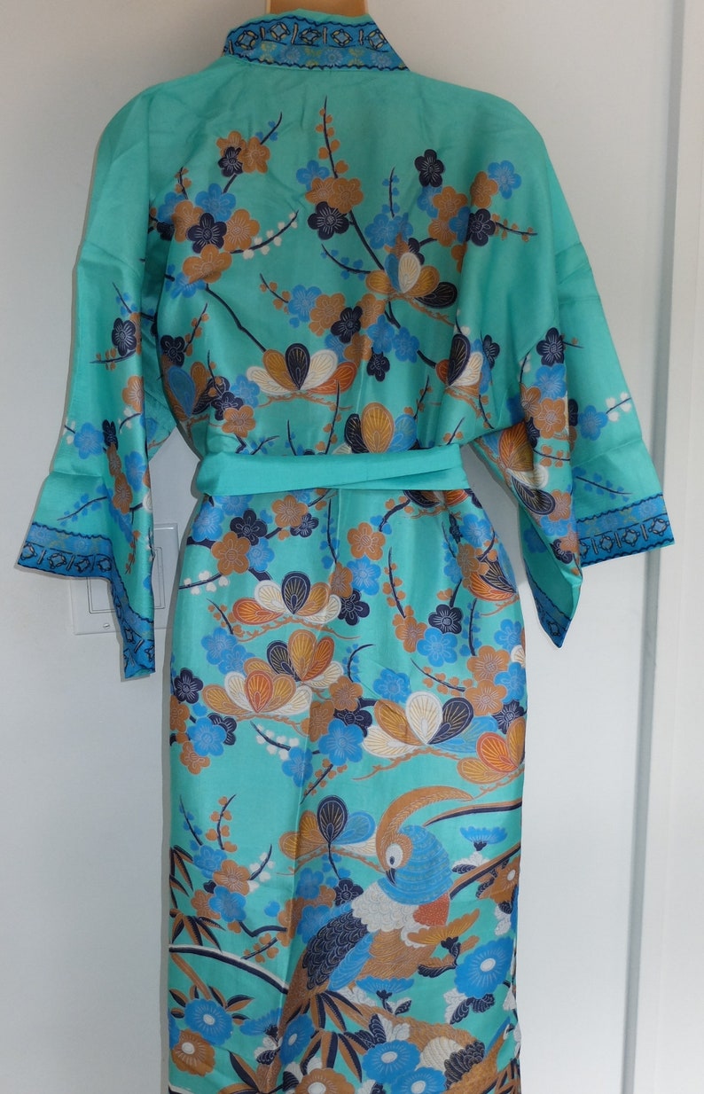 Vintage Turquoise Blue Silk Kimono Hayashi Lined Unused with Sash 1960s