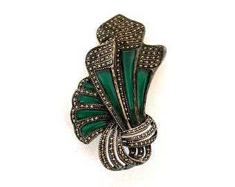 Vintage Ciro Chrysoprase and Marcasite Brooch Sterling Silver