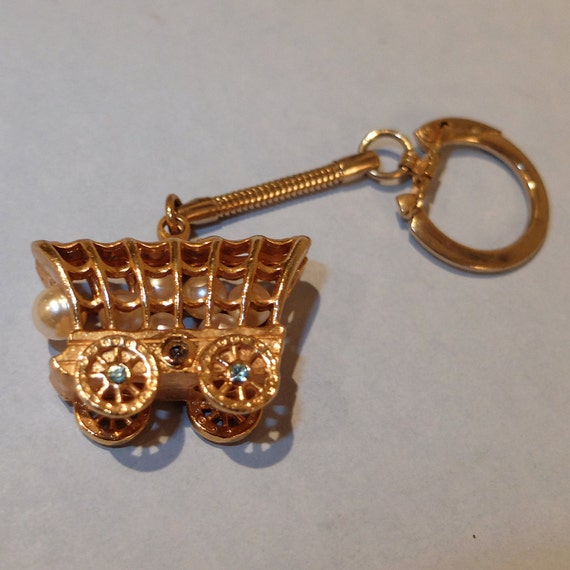 Vintage Covered Wagon Keychain Faux Pearls and Rh… - image 3