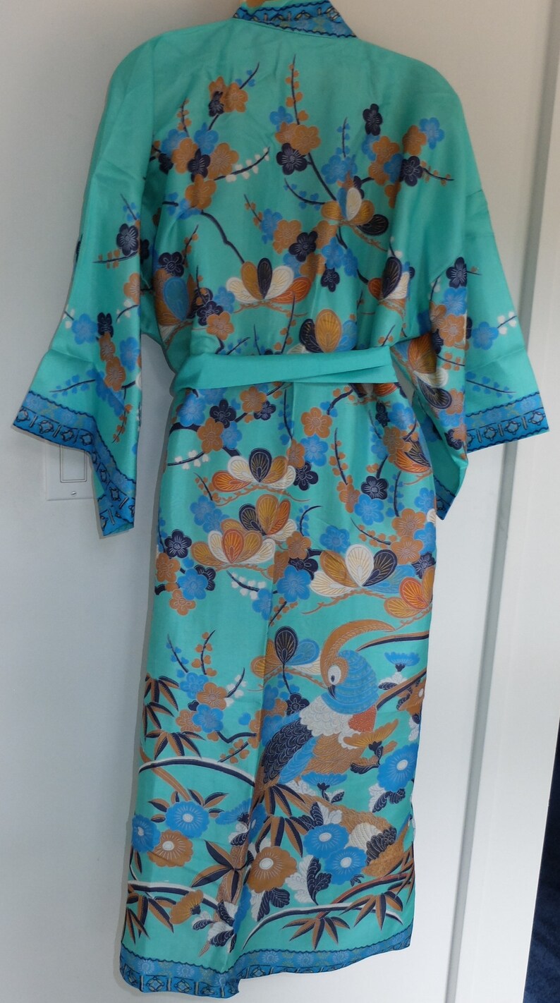 Vintage Turquoise Blue Silk Kimono Hayashi Lined Unused with Sash 1960s