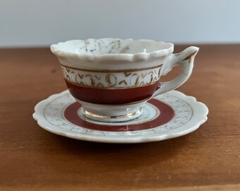 Miniature Cup Gold Leaf Design Rust Orange and White Vintage Japan