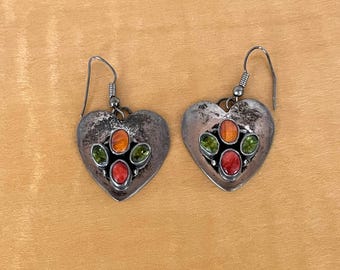 Vintage Native American Heart Earrings Sterling Coral and Green Glass