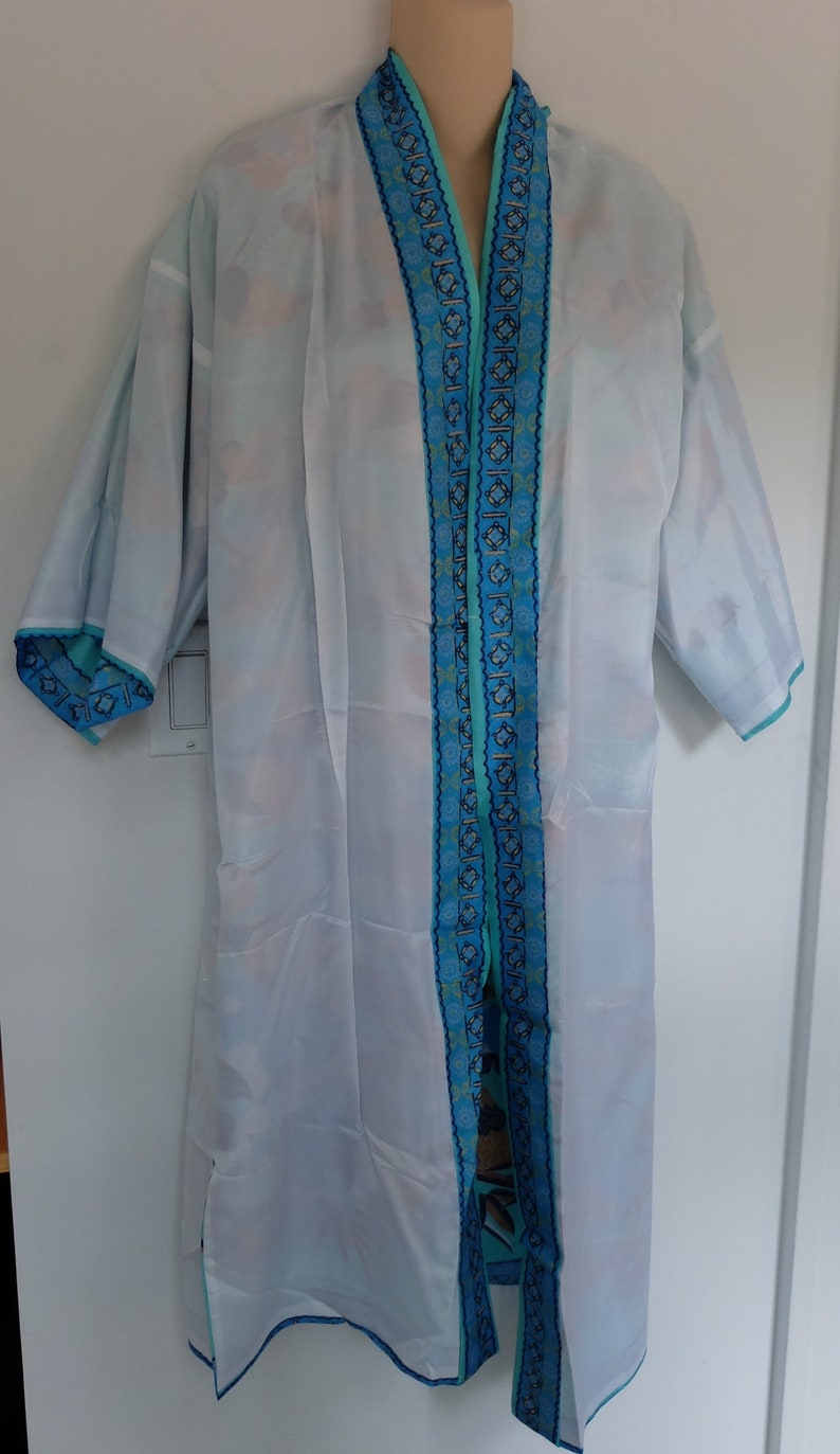 Vintage Turquoise Blue Silk Kimono Hayashi Lined Unused with Sash 1960s