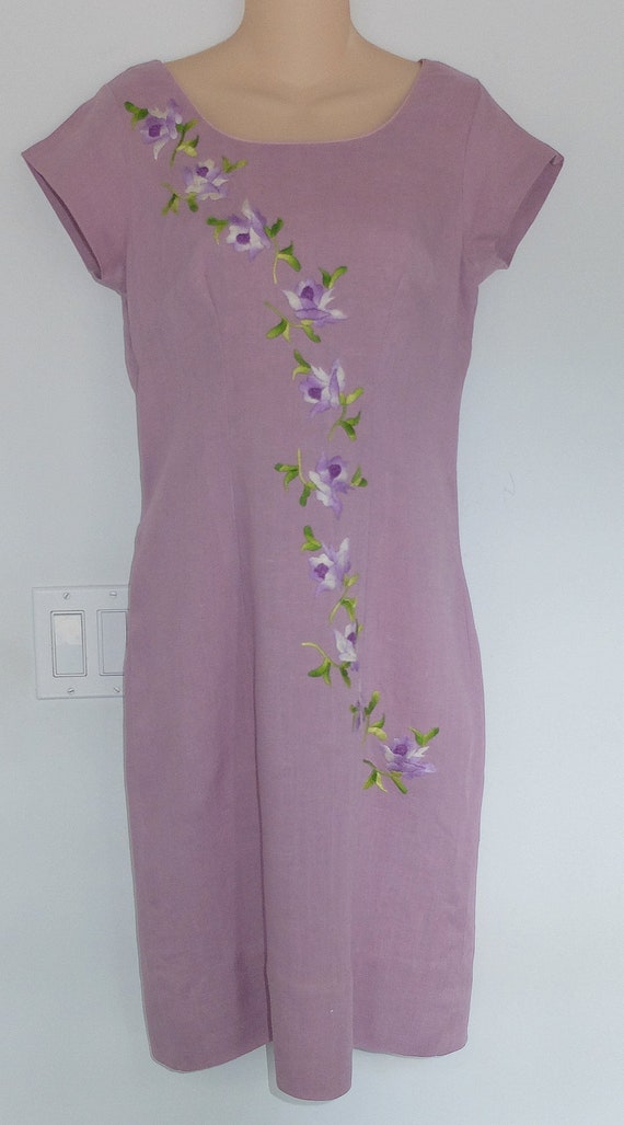 Lavender Linen Dress Embroidered Flowers 1950s