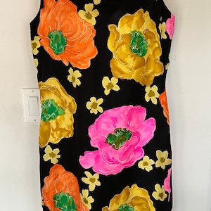 Silk Sleeveless Mod Black Shift Dress Pink Orange Gold Flowers Vintage 1960s VFG