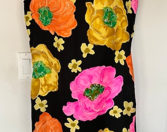 Silk Sleeveless Mod Black Shift Dress Pink Orange Gold Flowers Vintage 1960s VFG