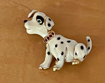 Enamel Dalmatian Brooch with Green Rhinestone Eye and Red Rhinestone Collar Vintage Signed CT
