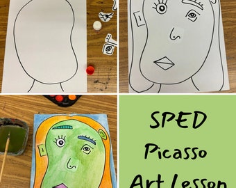 Può includere: Una lezione d'arte passo dopo passo, con un disegno di volto in stile Picasso. L'immagine mostra un contorno del volto vuoto, un disegno completato e una versione dipinta. Il testo "SPED Picasso Art Lesson" è visualizzato su sfondo verde.