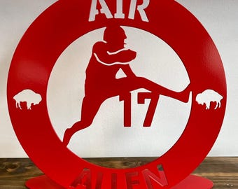 Josh Allen Metal Art – Buffalo Bills Tabletop Decor – Bills Mafia Man Cave Sign – Football Fan Gift – 12″ Steel Football Art