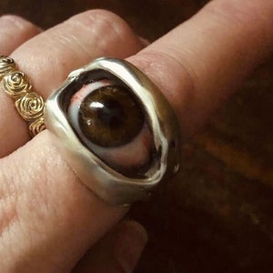 Super Realistic Brown Eye Ball Ring, Sterling Silver Jewelry, Prosthetic Glass, Spooky Cool Awesome Halloween, Minimalist, Steampunk