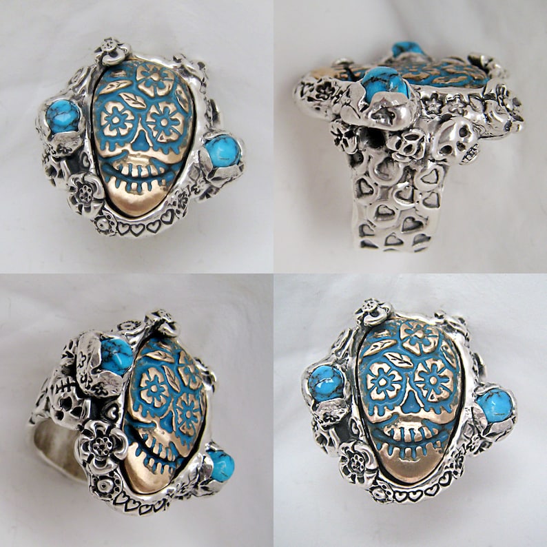 Turquoise Sugar Skull Ring of Bronze and Solid Sterling Silver Etsy