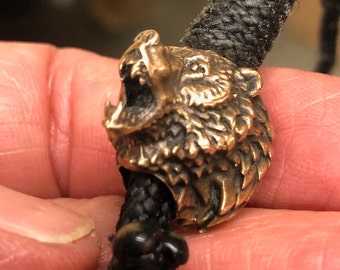 Bear Bead with One quarter inch hole and three quarters inch tall bear head in bronze or silver 925