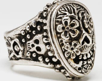 Day of The Dead Mayflowers Stainless Steel Skull Ring