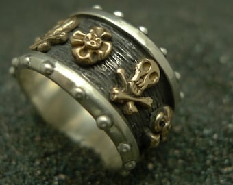 Pirate Skull Crossbones silver ring bronze Flowers Skull Band