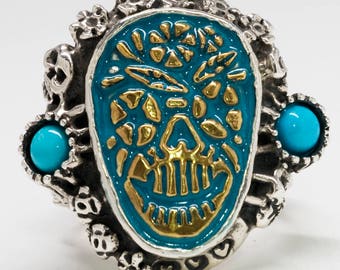 Bague de crâne en sucre turquoise en acier inoxydable